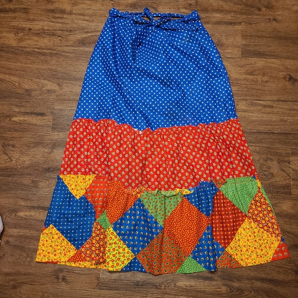 Vintage Dresses & Skirts - Vintage 70s Colorful Patchwork Maxi Skirt L